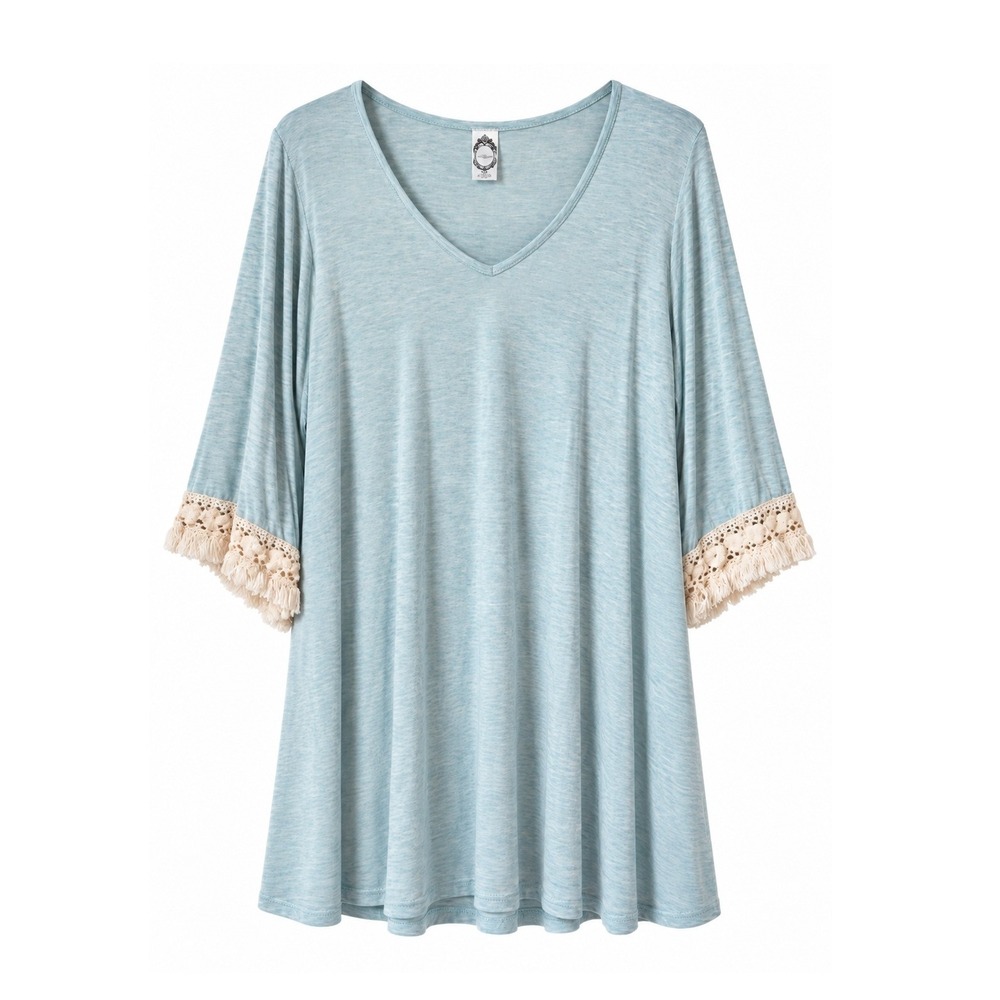 Honeyme Womens Medium Blue Space Dye V-Neck Tunic Crochet Lace Fringe Sleeve Top